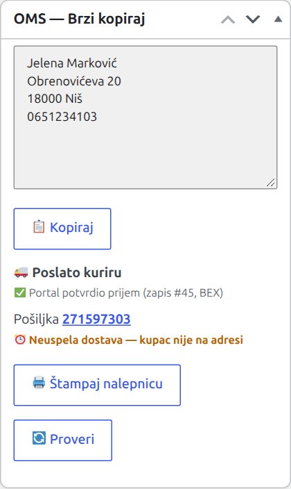 Okvir OMS na porudžbini: poslato kuriru, broj pošiljke, neuspela dostava, dugmad Štampaj nalepnicu i Proveri